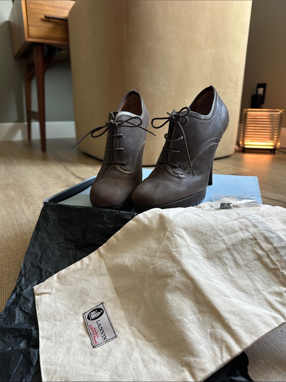 Lanvin Taupe Lace-Up Suede Ankle Booties